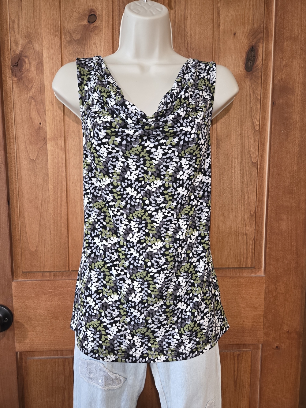 Liz‎ Claiborne Black Floral Cowl Neck Tank with Olive and White